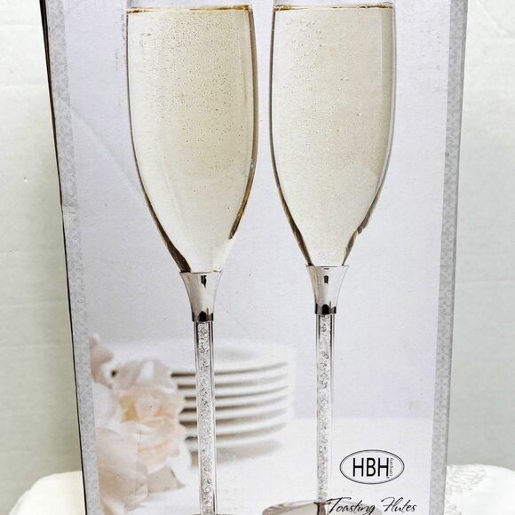 Champagne Toasting Flutes Wine Glass HBH Stemwear Glittering Beads - Set of 2 - Picture 1 of 14